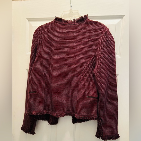 NWT NIC+ZOE Burgundy Frayed-Trim Tweed and Knit Mixed Blazer, Size Large - Picture 4 of 16